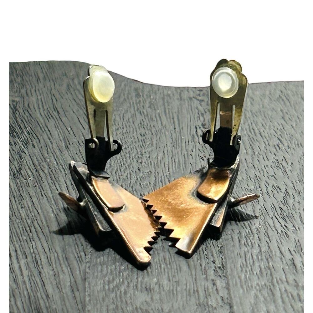 Vintage Copper Earrings Clip On Art Deco Statement Modern Wings Geometric - Picture 5 of 8